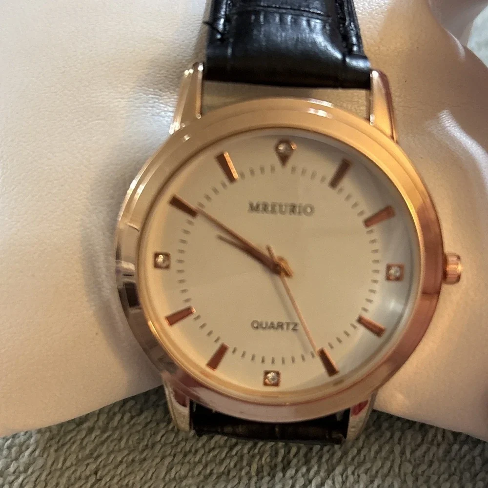 Mreurio White Dial Round Gold Tone Case Black Faux Leather Band Watch